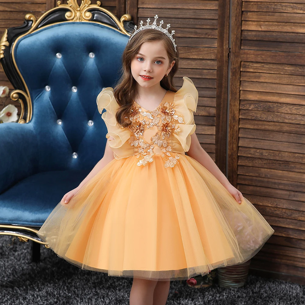 Yellow Girls Flying Sleeves Princess Dress Suitable for 2 to 10 years Sweet Sleeveless Casual Flower Girl Clothing Wear