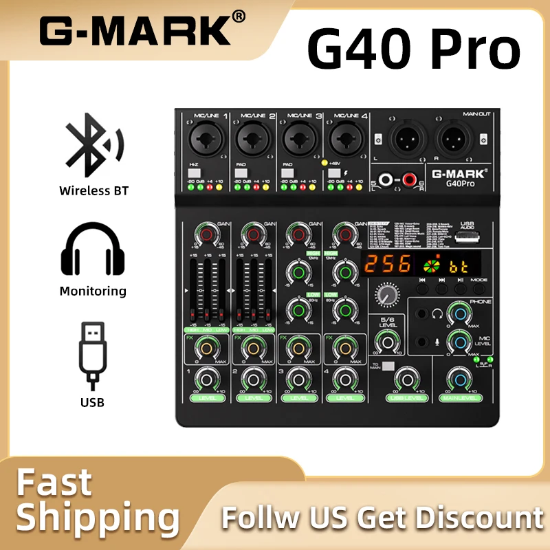 

Professional Audio Mixer G-MARK G40 PRO 4 Channel Sound Board With Bluetooth 48V Phantom Power RCA Input XLR Connectivity For DJ