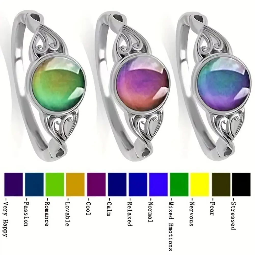 Vintage Warm Stone Mood Ring round Gothic Fashion Accessory Changeable Color Temperature Control Stylish Jewelry