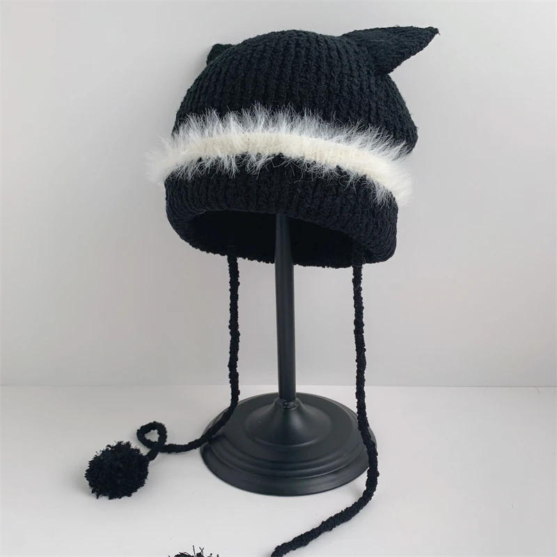 Japanese Color Matching Cat Ears Knitted Pullover Hat Women's Autumn and Winter Outdoor Warmth Strap Plush Skull Beanie Cap