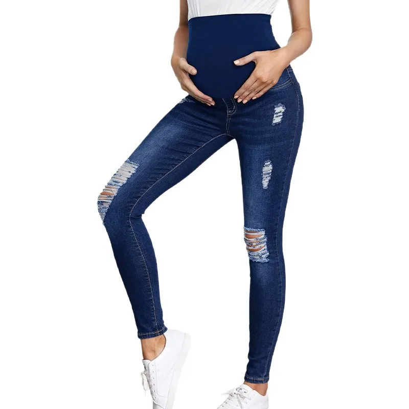 Belly Support High Waist Maternity Jeans Ripped Design Slim Skinny Stretchy Denim Pants For Young Pregnant Women Casual Trousers