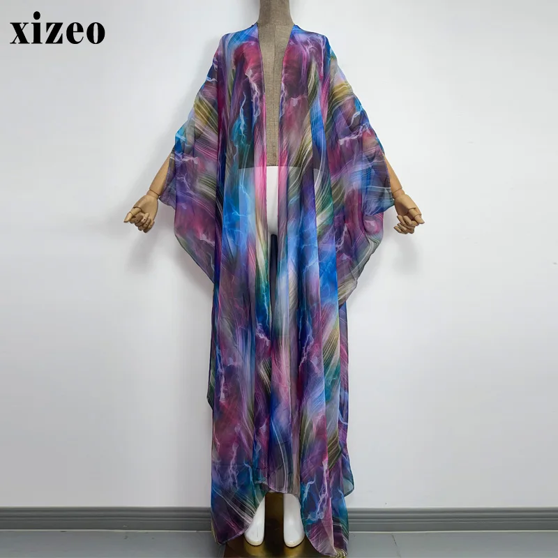 XIZEO2022 Summer Women Cardigan Aurora green printing Boho African Holiday free size long Sleeve Silk feeling Robe kimono kaftan