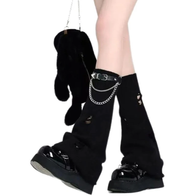 SZL Nữ Dệt Kim Bao Tay Chân Có Dây Xích Dây Da Gothic Punk Xé Boot Bao