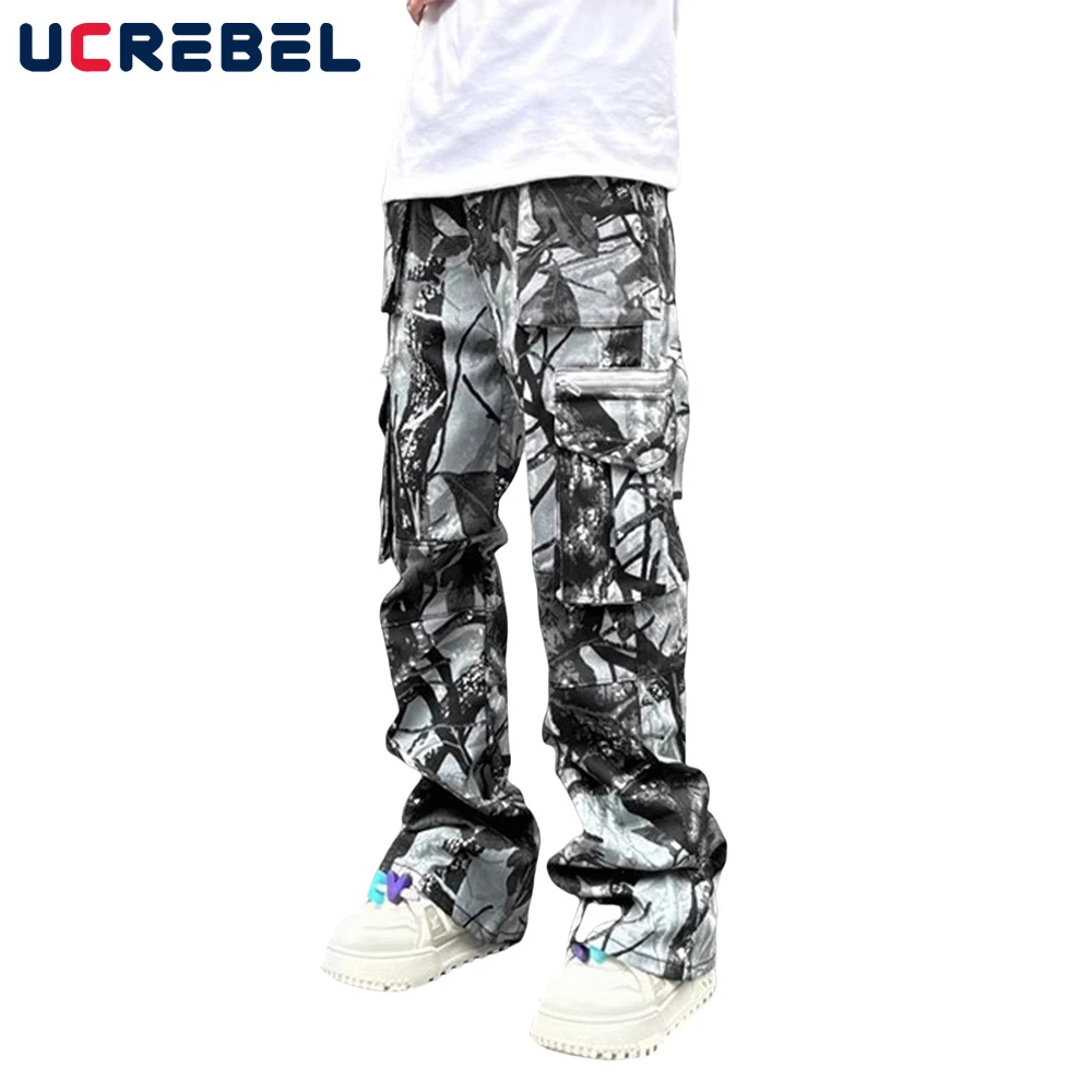 Camouflage Spliced Cargo Pants Mens Multi-Pocket Summer High Street Loose Flare Pants Men Trousers