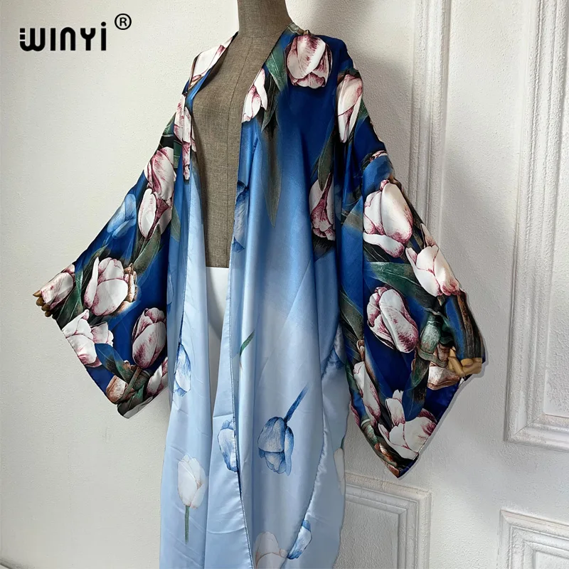 WINYI summer outfit kimono africa Flower print beach cover up free size dress cardigans beach wear women 2024 abaya dubai luxury