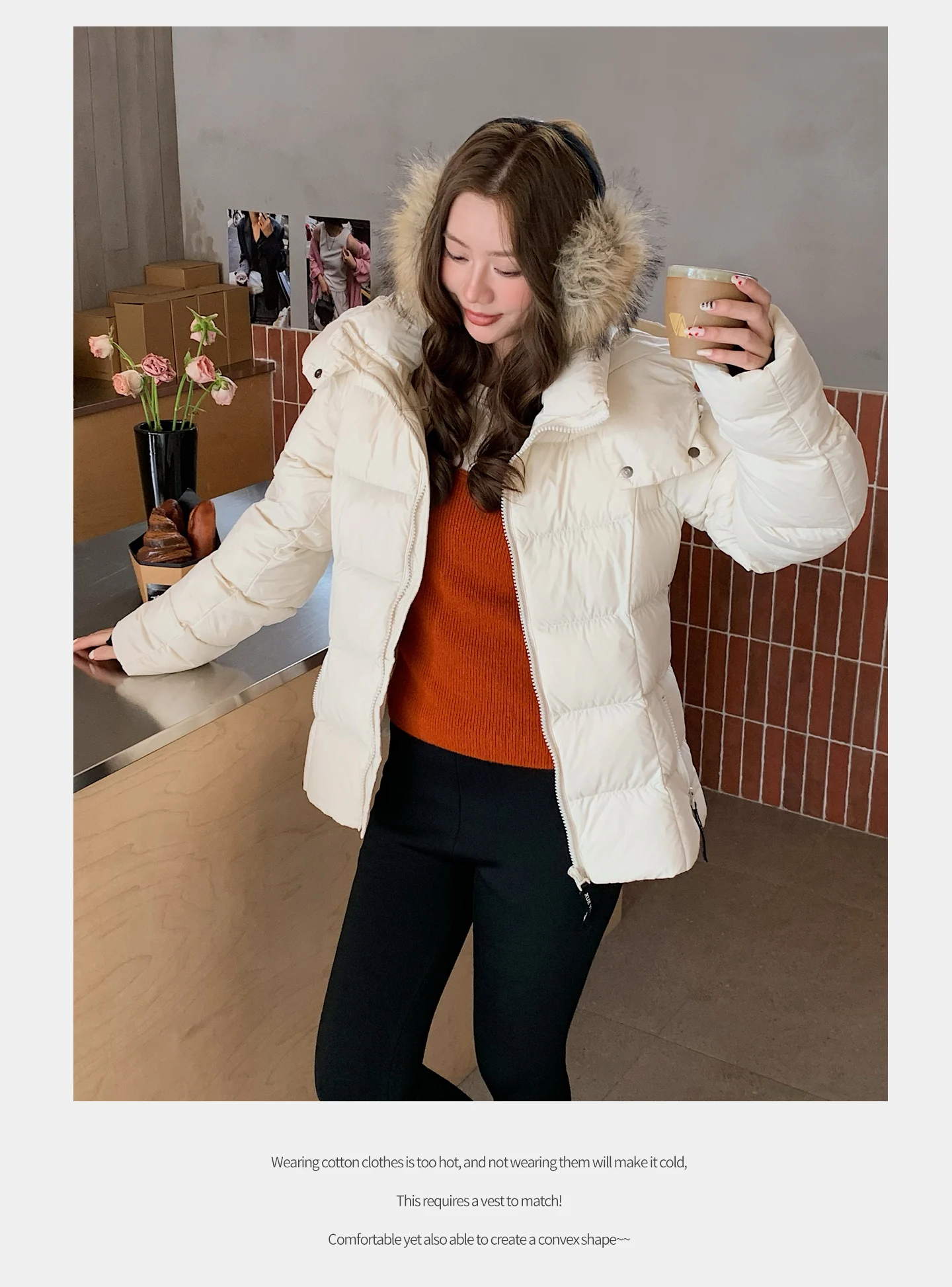 Winter Solid Color Long-sleeved Short Fur Collar Hooded Down Jacket Korean Women's Holiday Fashion Versatile and Thin Coat