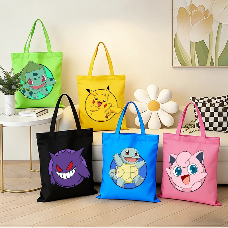 

Pokemons Canvas Handbag Boys Girl Game Anime Cartoon Kids Reusable Folding Large Capacity Shopping Pocket Cute Shoulder Tote Bag