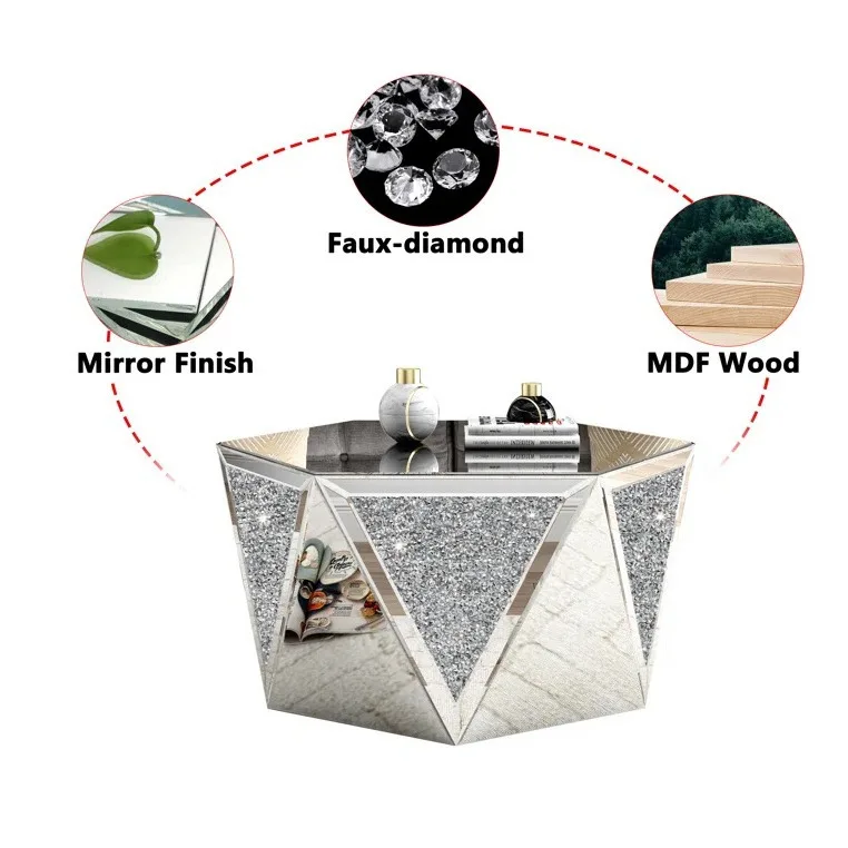 Mirrored coffee table, crystal diamond decorative, lounge, cocktail, living room décor center