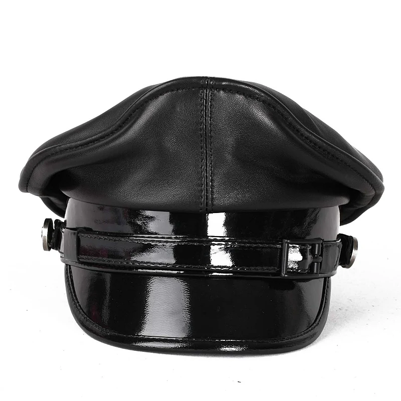 european-and-american-harley-hat-german-locomotive-pure-leather-hat-men's-flat-top-captain-hat-leather-cap-short-brim-beret