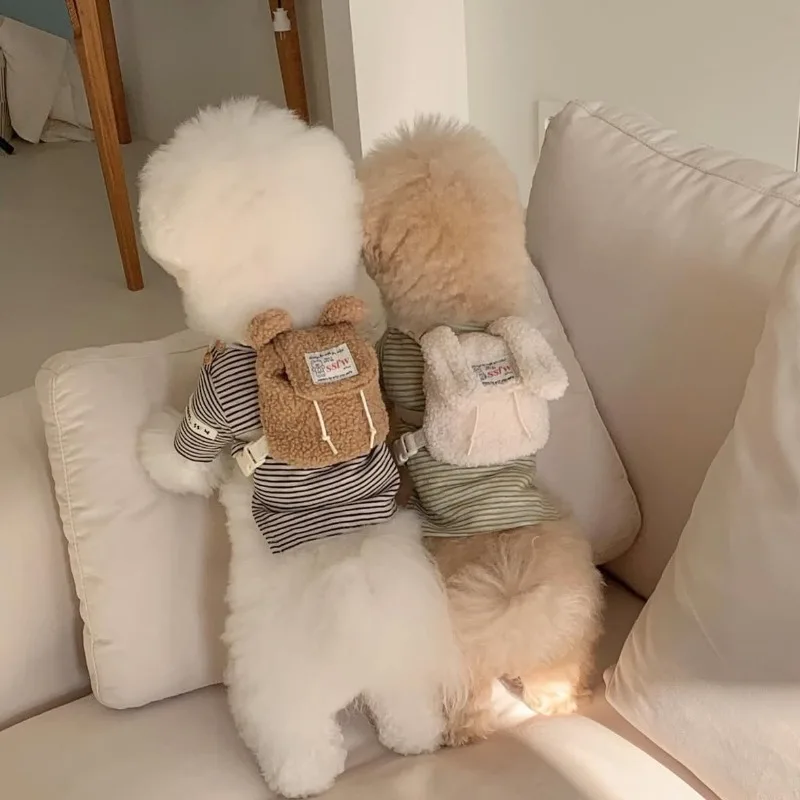 Korean style dog backpack cute plush pet backpack for small dogs cats travel walking accessory adjustable straps treat pouch bag