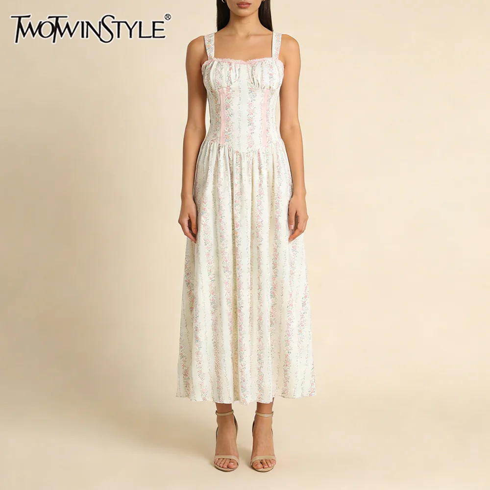 

TWOTWINSTYLE French Retro Floral Print Pink Trim Midi Dress for Women Square Collar Sleeveless Slimming Draped for Picnics Dates
