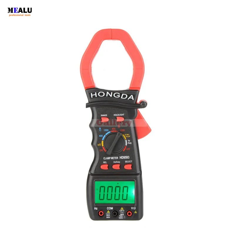 HD9593 Digital Clamp Meter 1000A AC/DC Multimeter Amp Volt Ohmmeter w/Frequency Capacitance Duty Cycle Test