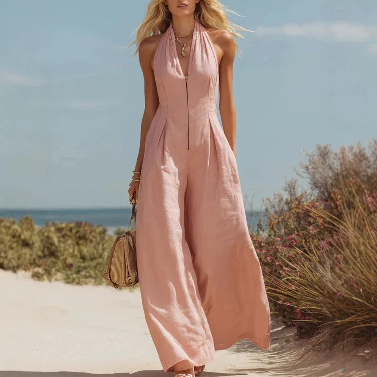 2026 Women Summer Zipper Jumpsuit Neck-mounted Off-shoulder Rompers Female Wide Legs Trousers Sleeveless One Piece Overalls