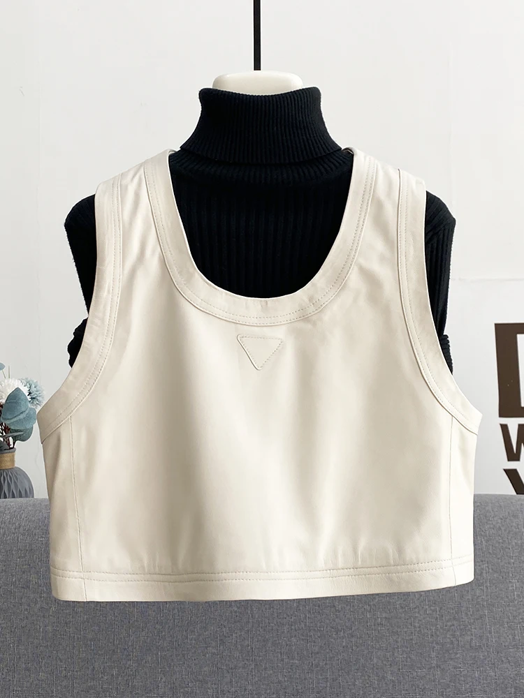 Women Casual Sheepskin Genuine Leather Vest Top Sleeveless Slim Fit Short Style Waistcoat Streetwear Pullover Vests Solid Colors