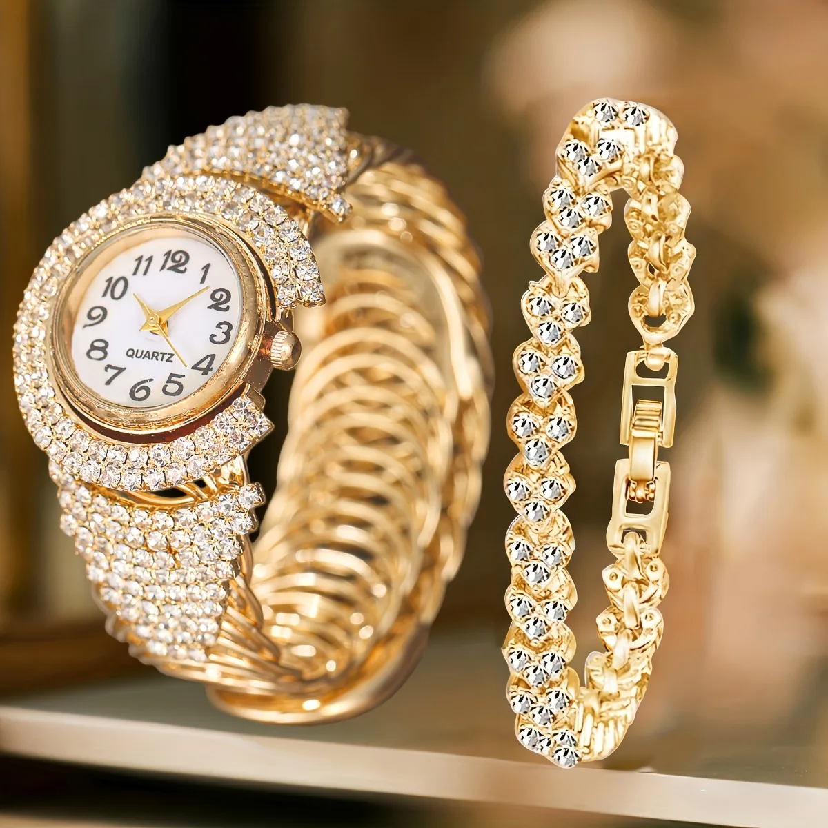 2pcs Luxury Diamond Women Watch Bracelet Set Elegant Bangles Women's Quartz Wristwatches Rhinestone Accessory Relogio Feminino