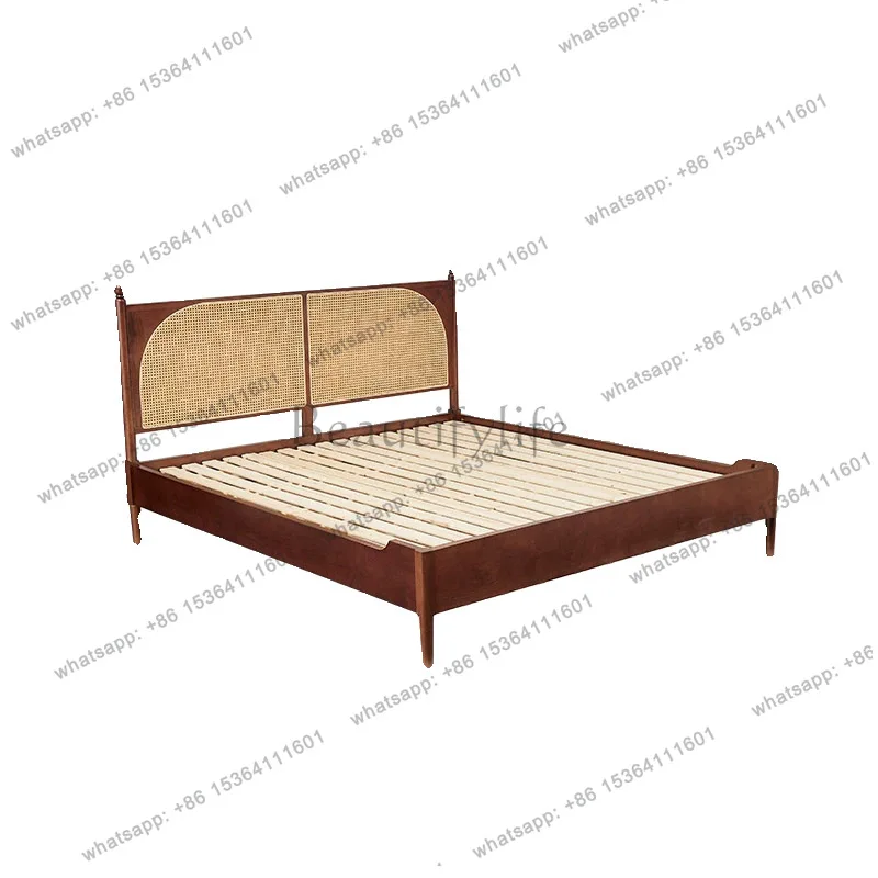 Wabi Sandy Wind Solid Wood Bed Rattan Homestay Hotel Home Bedroom Single Bed