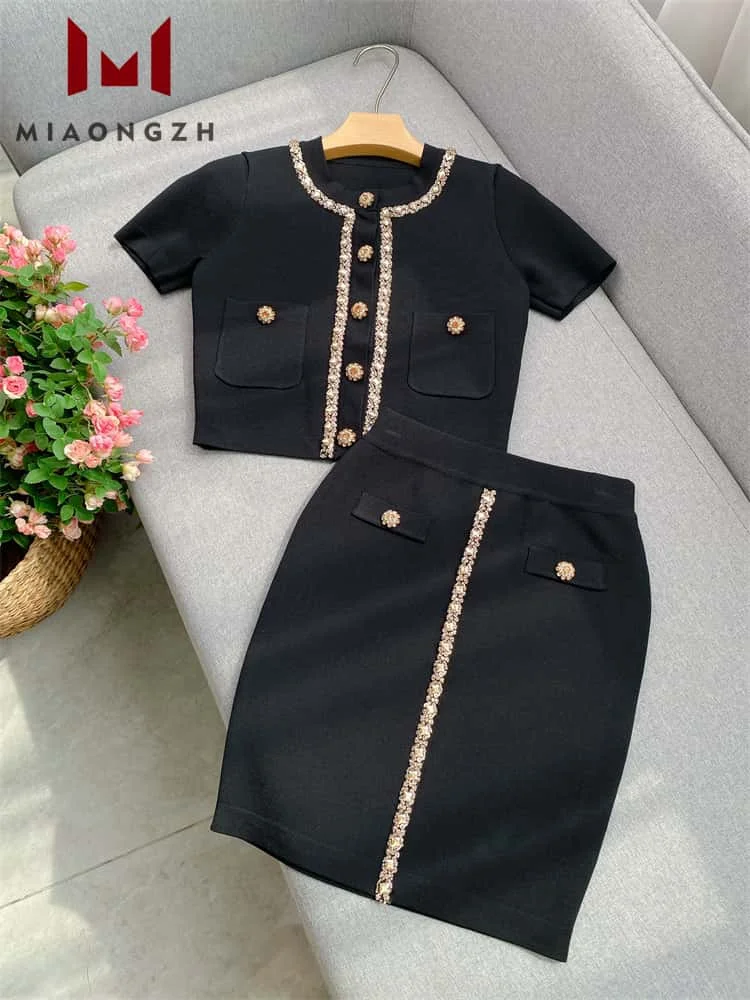 

High Quality Beaded Diamonds Luxury Knitted Sets Cardigan For Women O Neck Short Sleeve Top Or High Waist Mini Casual Skirt New