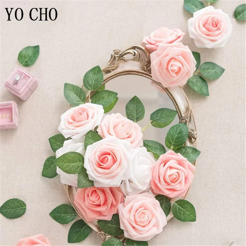 

YO CHO 25pcs/Box 7-8cm Artificial PE Foam White Roses Flowers Bride Bouquet Flower For Wedding Party Decorative Scrapbooking DIY