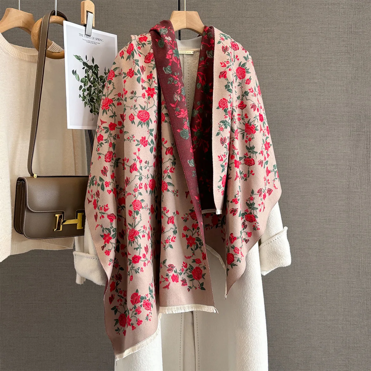 Women Chinese Style Rose Print Thick Warm Scarf Soft Elegant Versatile Large Shawl Wrap For Fall Winter Daily Casual Outfit Wear