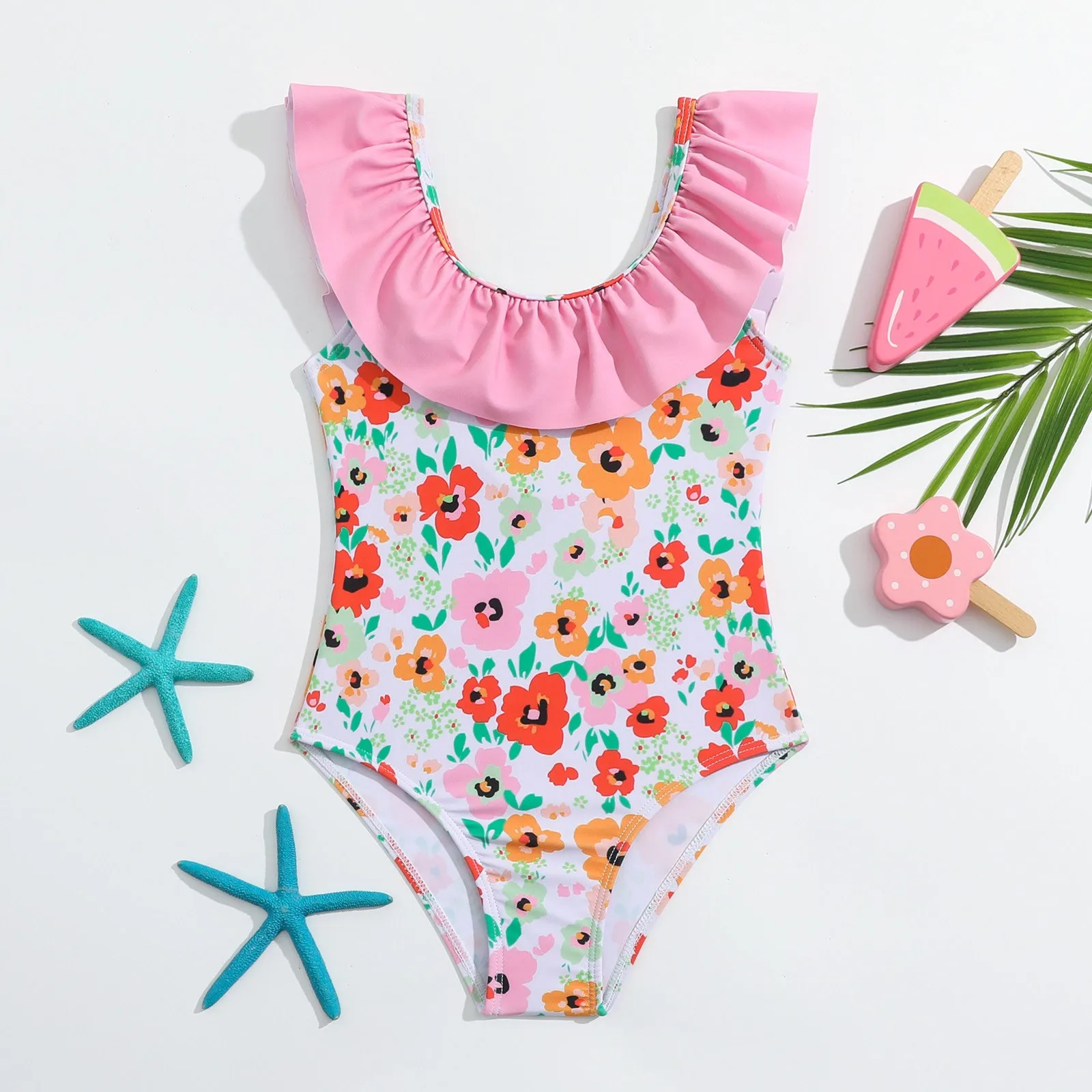 2024 Children's Swimsuit Girls' Swimsuit Large Leaf Edge Broken Flowers Small Fresh Backless Quick Drying Triangle