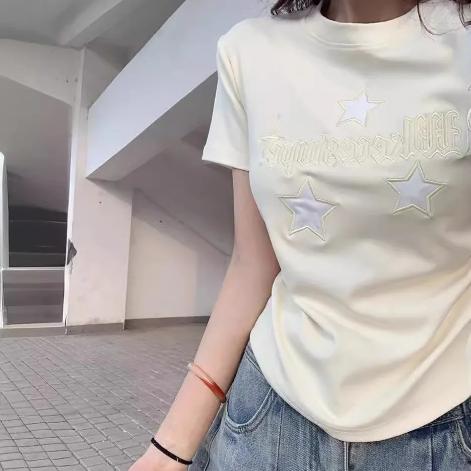Original Star Embroidery Korean Sle ort Sve round Ne T-irt Women's Faion Summer New ort Waist-Cinching Top