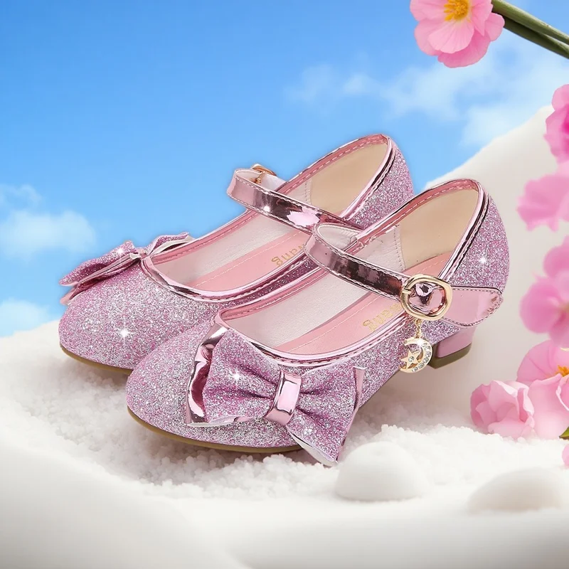 Scarpe da festa rosa per ragazze Scarpe con nodo a farfalla Tacco alto in cristallo lucido Scarpe in pelle per bambini Scarpe singole per bambini Slver viola