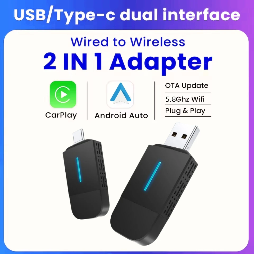 ANYFAR Adaptador Inalámbrico de Doble Interfaz para CarPlay y Android Auto, USB Tipo C, Mini Caja Inteligente, Conexión Rápida Universal