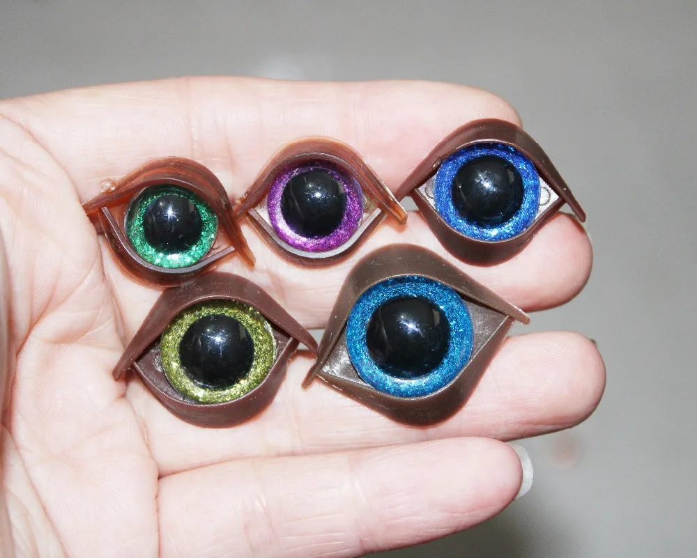 20pcs-- 13mm-24mm round plastic safety clear toy eyes + glitter Nonwovens + hard washer + brown eyelid for diy doll--size option