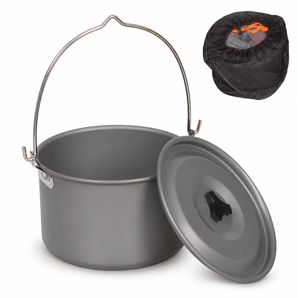 4L Large Hard Anodized Aluminum Camping Hanging Pot Non Stick Cooking Pot Cauldron with Mesh Bag for Outdoor Picnic Gear