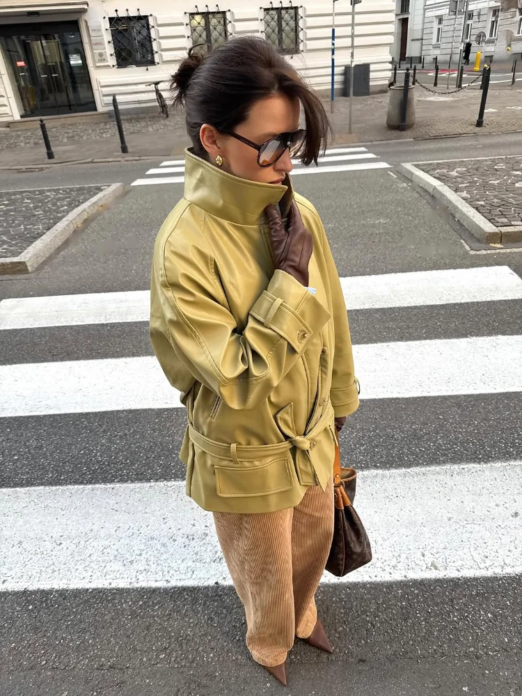 

Винтажная зеленая кожаная куртка на шнуровке, женская шикарная однотонная свободная верхняя одежда с воротником-стойкой и длинными рукавами, женские повседневные куртки Highstreet