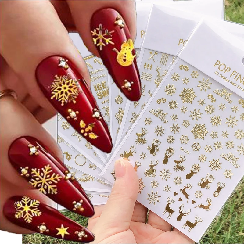 

3d Nail Art Stickers Winter Christmas Gold White Silver Snowflakes Xmas Tree Snowman Decals For Nails Tips Decorations Manicures