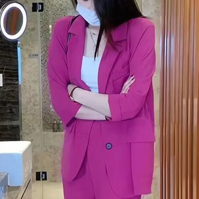 Blazer informal de Color liso con bolsillos y solapa para mujer, chaqueta holgada de gran tamaño para oficina, Otoño, 2023