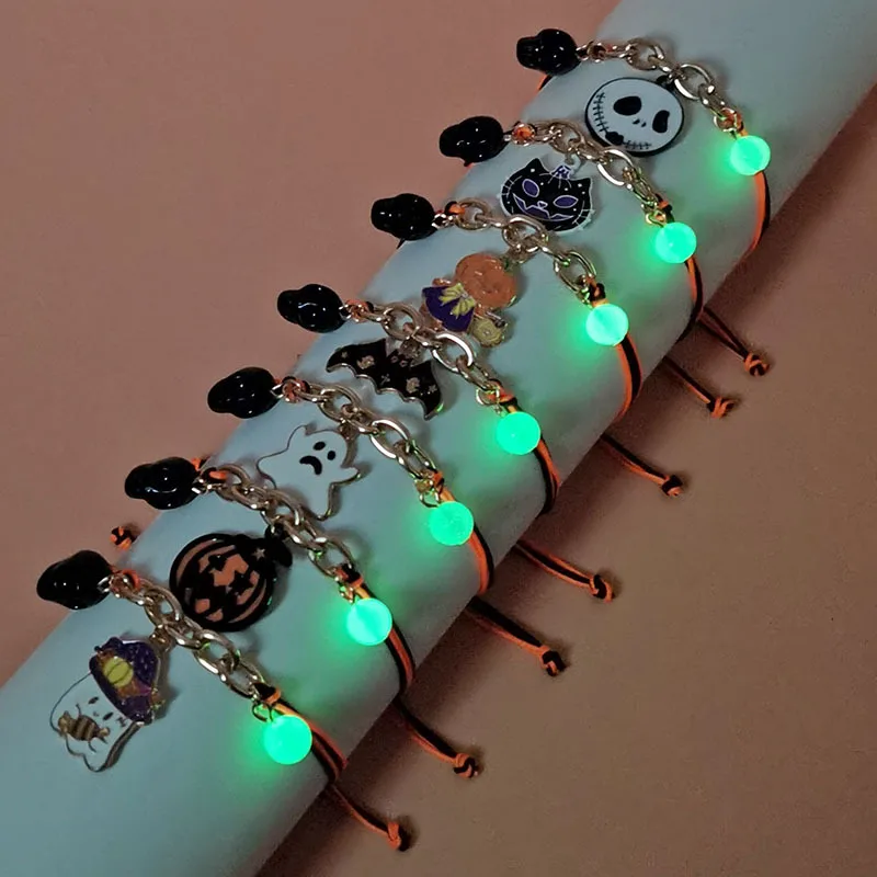 Bracelet Halloween Glow in The Dark Skull Ghost Cat Pumpkin Zombie Charm Adjustable Metal Alloy Lightweight Multicolor Party