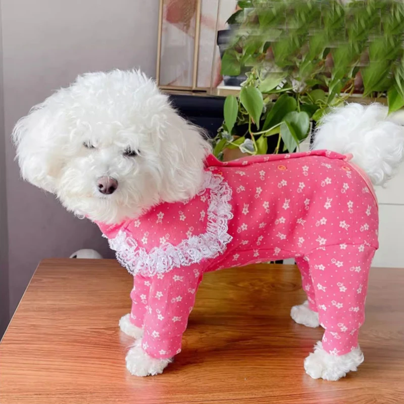 

Fashion Print Pink Pet Dog Clothes Spring Autumn Thin Cotton Four Feets Jumpsuits For Small Medium Dogs Poodle Puppy Rompers