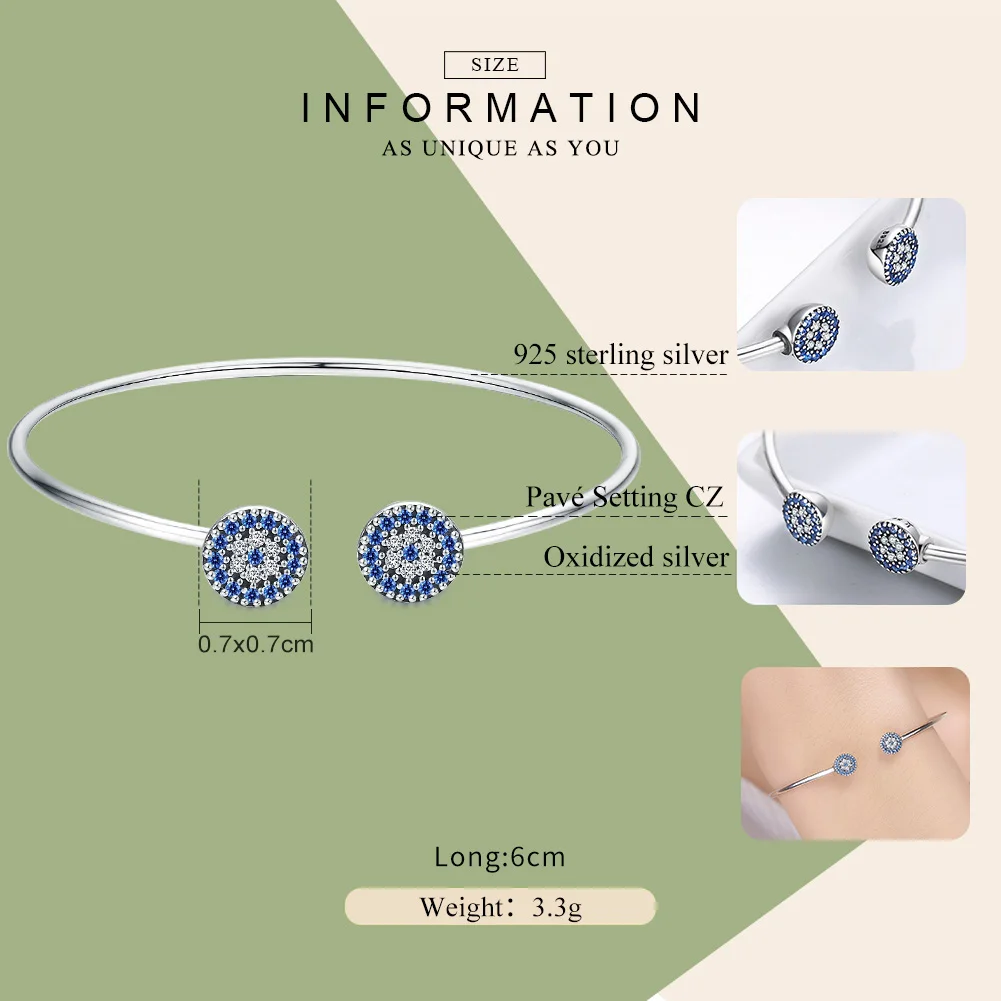 BAMOER 100% 925 Sterling Silver Blue Zircon Lucky Eyes Bracelet for Women Open Cuff Bangle Classic Luxury Jewelry SCB058