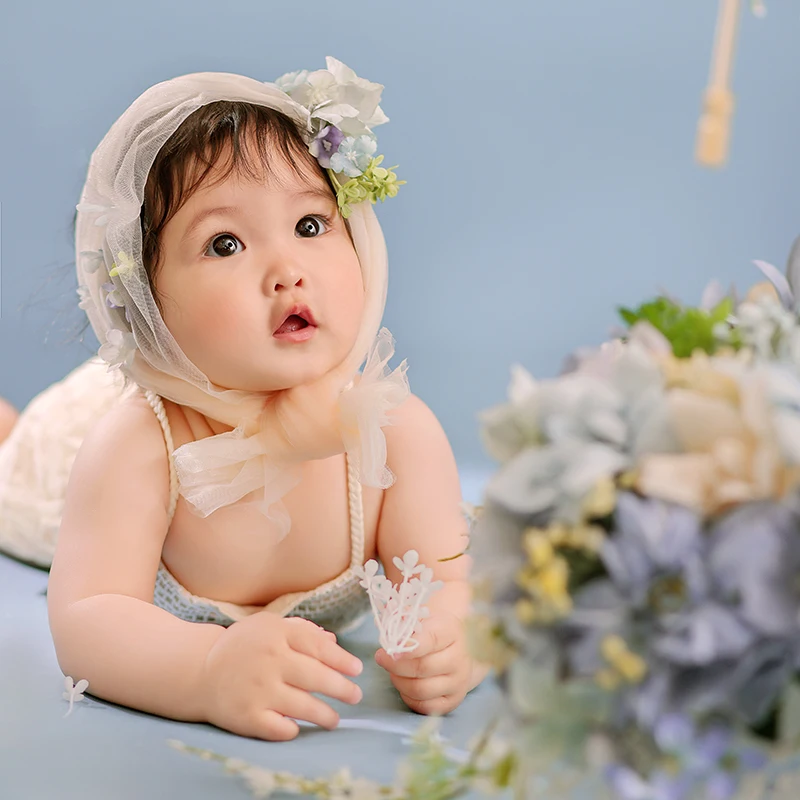 Baby Mädchen Kleidung süße Spitze Kinder einteilig Neugeborenen Body 0 bis 24 Monate süße Blumen netz Kopftuch Studio Foto Outfit