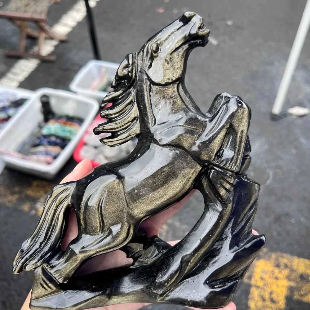 1PC Natural Golden Obsidian Horse Carving Healing Fengshui Fashion Home Decor Lucky Gift Unique Carivng Design