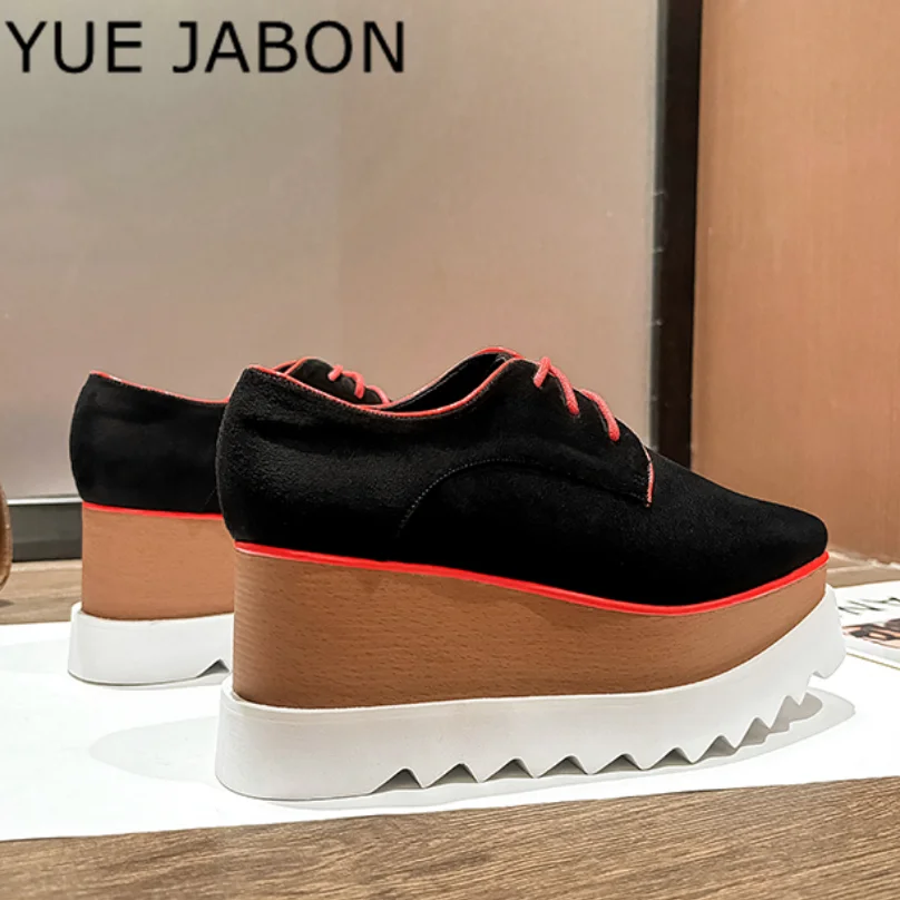 Black Red Suede Cow Leather Vulcanize Women Casual Platform Wedge Chunky Sneakers Spring Autumn Height Increasing Grey Shoes