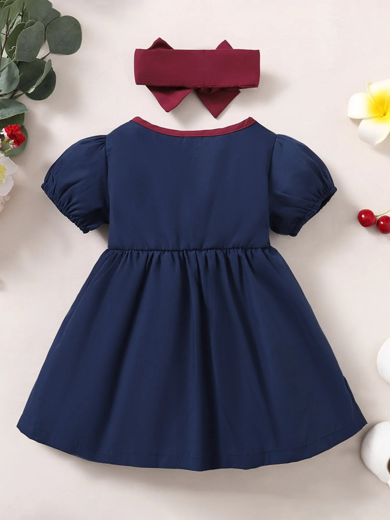 2PC Children\'s Bubble Sleeve Lace edge Fashion Dress+ Headband Suitable for Cute Baby Girls aged 0-3 Years Summer Dress