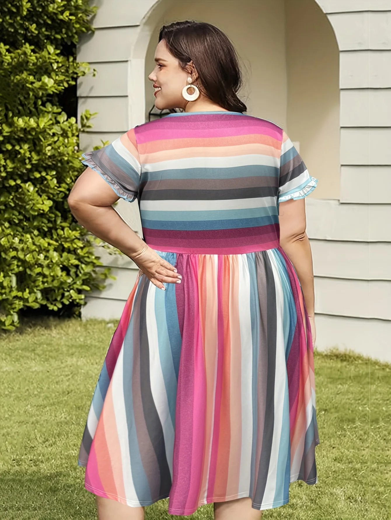 Plus size spring/summer elegance rainbow striped wooden ear sleeved V-neck dress soft  comfortable knitted fabric holiday dress