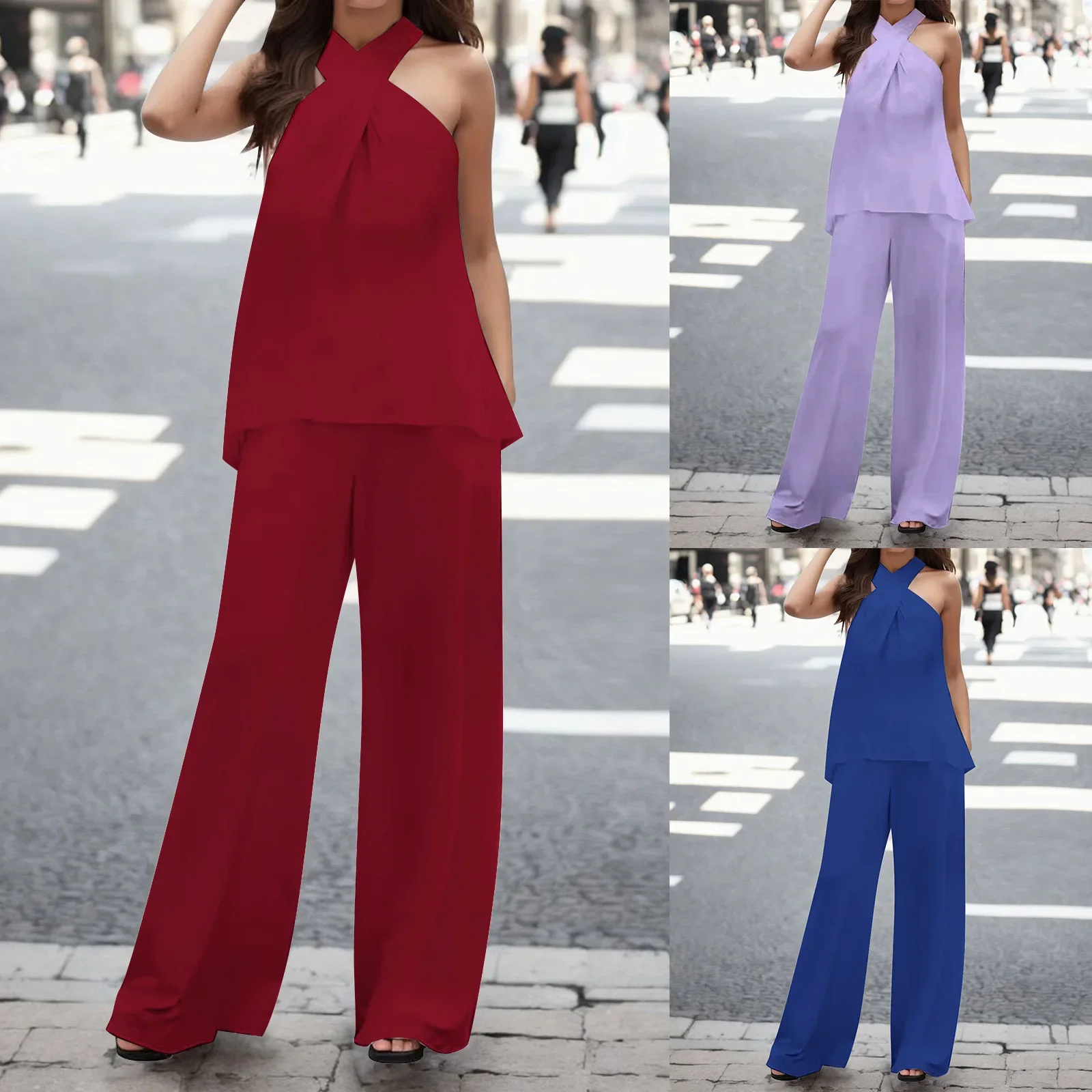 Elegant Female Two Pieces Sets Sleeveless Solid Color Halter Neck Backless Tops Wide Leg Pants Suits Office Lady Summer Women