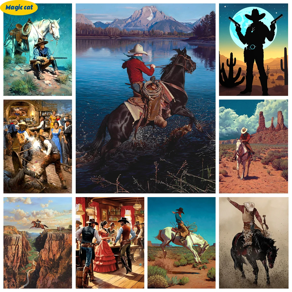 

Rural Scenery Diy Diamond Painting Western Cowboy Mural Diamond Embroidery Retro Home Decor Interesting Hand