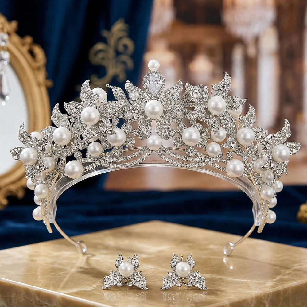 

2pcs Luxury Silver Color Butterfly Pearl Bridal Crown Hair Jewelry Rhinestone Fashion Tiaras Diadem Women Wedding Headpiece
