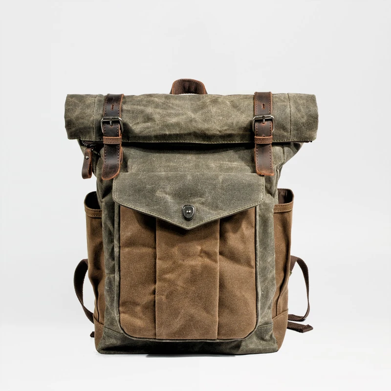 Vintage Waxed Canvas Rolltop Backpack for Fashionable Men - Leather Trim, Laptop-Ready School & Wearproof Travel Weekend Bag