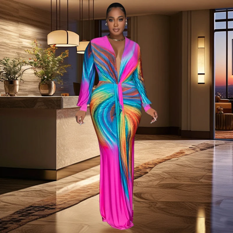 New Fashion Chic Women Long Dress Deep V Neck manica lunga Celebrities Rainbow Printed Maxi Dress