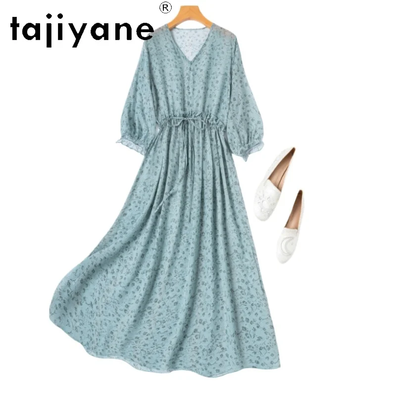 TAJIYANE 100% Natürliche Maulbeerseide Kleid Urlaub Blaue Lange Kleider für Frauen Halbtransparentes Kleid 2026 Damenmode Платье