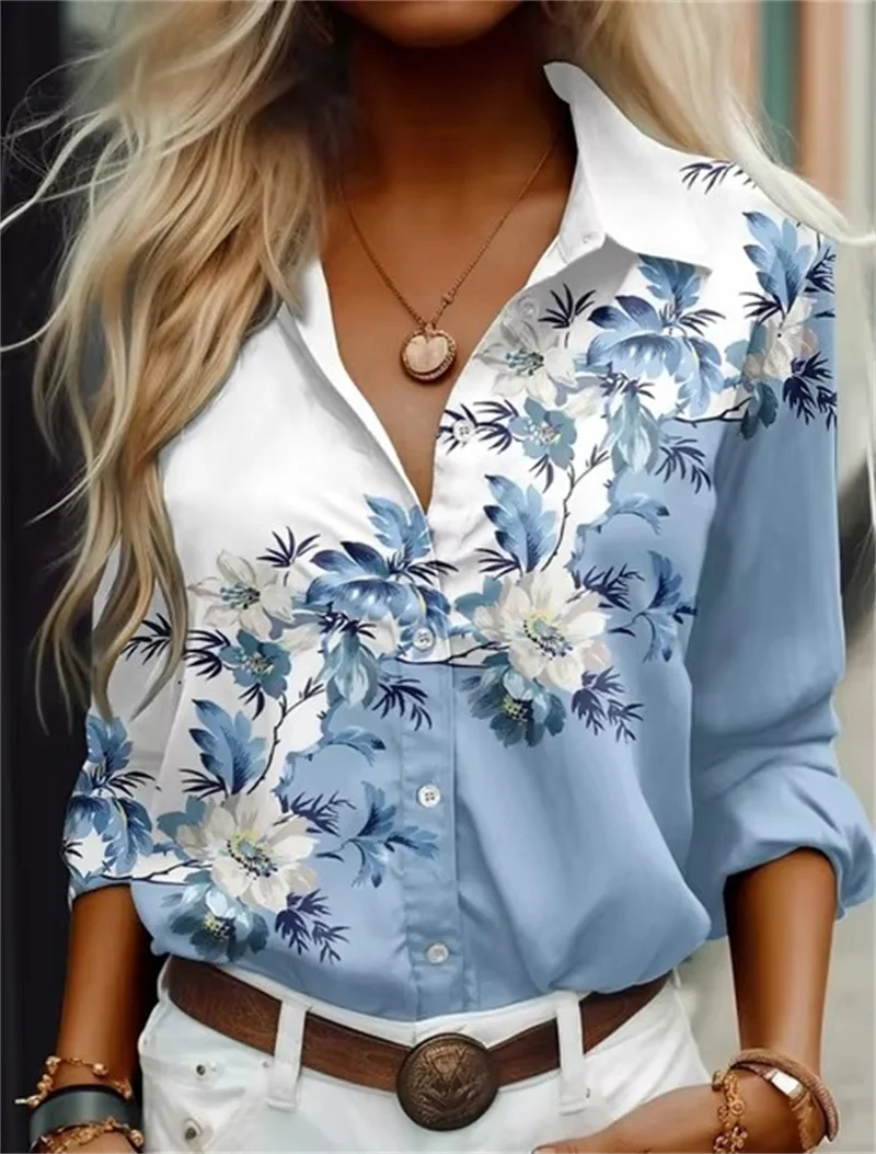 Camisas de moda para mujer, blusas informales, camisa con estampado de flores azules, ropa femenina de talla grande, blusa con temperamento, novedad de otoño 2024