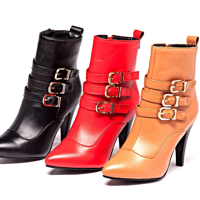 

ORCHALISA Fashion Womens Party Boots Pointed Toe Thin High Heels Buckle Shoes Sizes 33-45, Black White Yellow