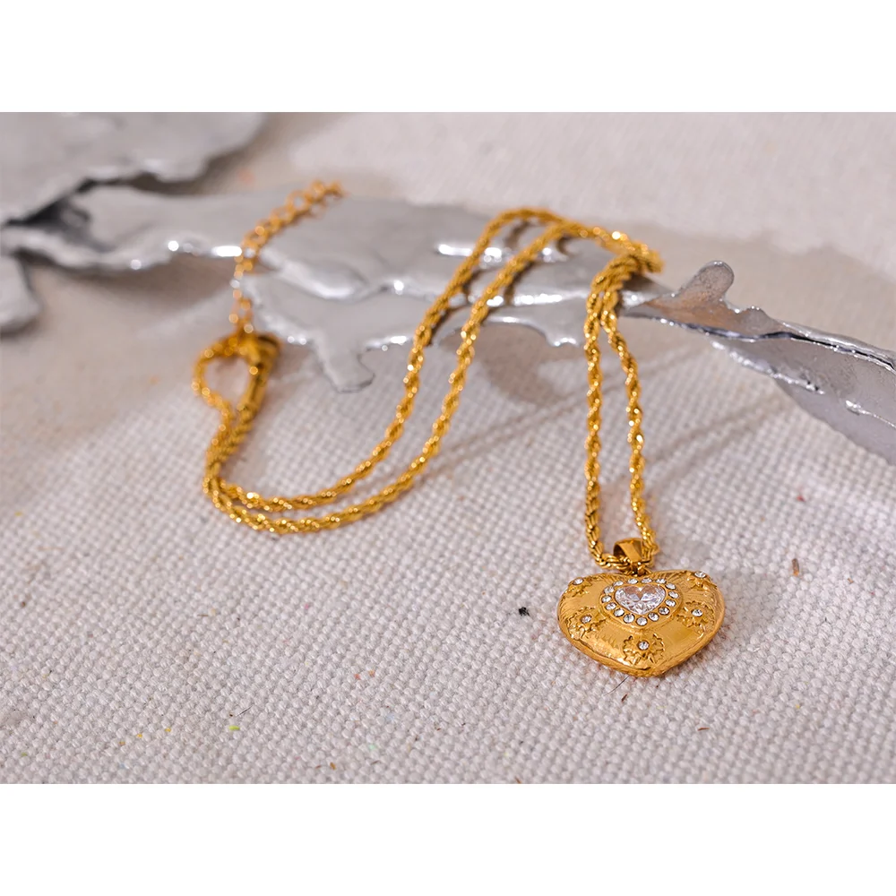 Yhpup Exquisite Stainless Steel Heart Love CZ Pendant Necklace High Quality Shiny Cubic Zirconia Romantic Gold Color Jewelry