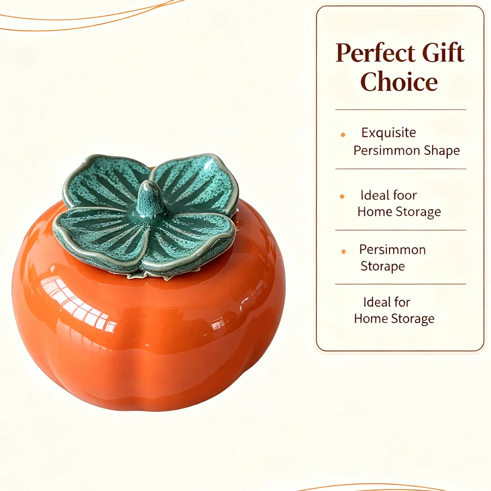 Cute Persimmon Shape Ceramic Storage Jar, Sealed Canister for Candy Tea Spice, Home Tabletop Decorative Container, Favor Gift